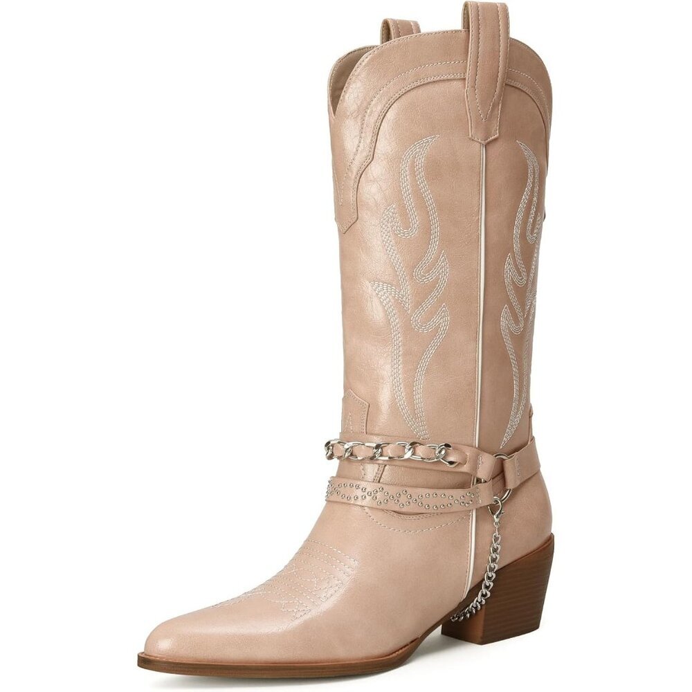 ⚡Women Light Pink Faux Leather Chunky Heel Riding Pull on Style Cowboy Boots